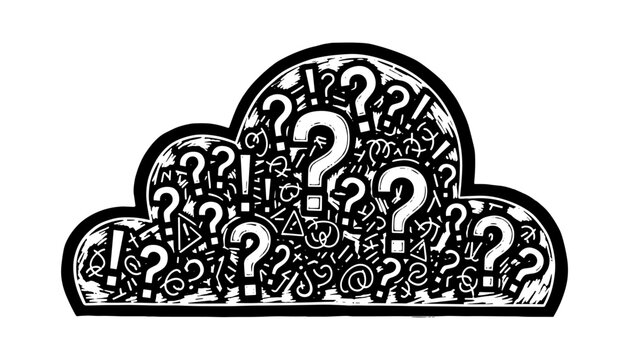 Intricate question mark cloud in black and white drawing style