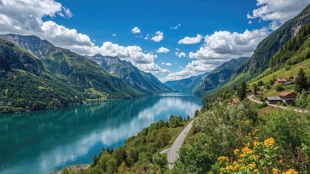 Scenic landscape of a lake surrounded by mountains with green hills, houses, blue sky, and cloudy weather. Nature and outdoor scenery. The concept of natural beauty and outdoor tourism