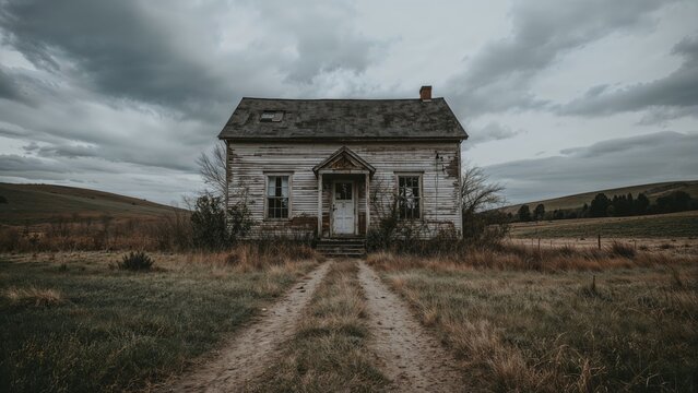 Fototapeta A dilapidated house located in a rural landscape with overcast skies and a dirt pathway leading to the entrance.