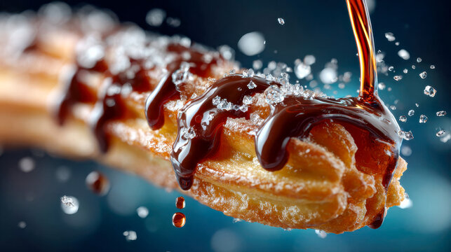 Close-up of a crispy churro drizzled with rich chocolate syrup and sugar crystals in a vibrant splash motion