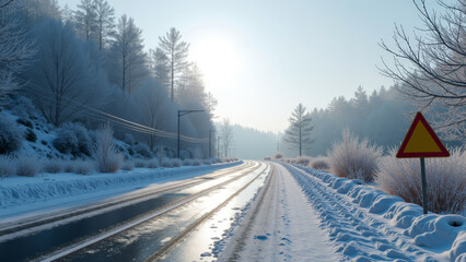 Dramatic icy road with warning sign bent on frosty country roadside under cold winter light