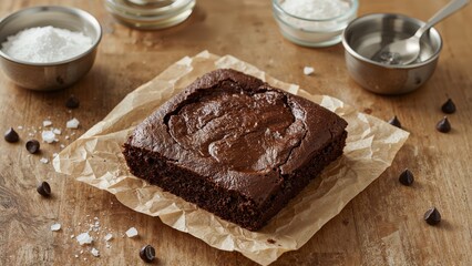 Chocolate brownie on parchment paper with baking ingredients around, including salt, sugar, and chocolate chips.