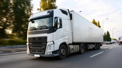A truck drives swiftly on a winding road, framed by majestic mountains and vibrant greenery under a clear sky during daylight