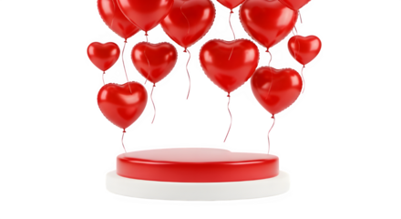 Red heartshaped balloons and a podium for product display, ideal for love and romance, isolated on transparent background