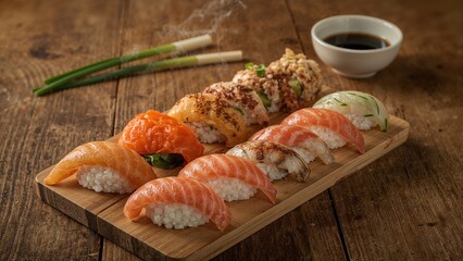 Assorted sushi served on a wooden tray with soy sauce and garnishes, fresh and delicious.