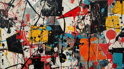 Abstract expressionism with colorful splatters and lines, featuring black, red, yellow, blue, and orange shapes against a white background.