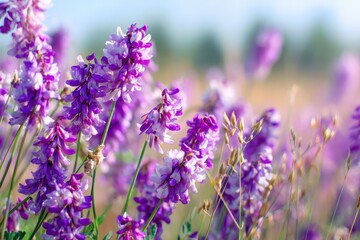 Vibrant Purple Blossoms of Hairy Vetch (Vicia villosa) Illuminated by Summer Sunlight