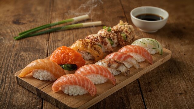Assorted sushi served on a wooden tray with soy sauce and garnishes, fresh and delicious. - Powered by Adobe