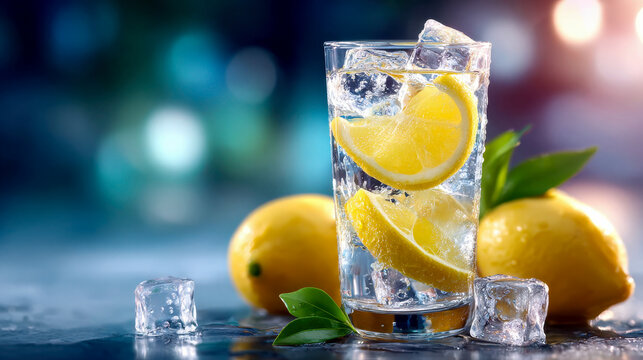 Refreshing glass of sparkling lemon water with ice cubes and mint on a bright blue background - Powered by Adobe