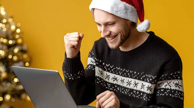 Cheerful young individual wearing a Christmas sweater and hat happily engages with a laptop in a vibrant setting celebrating the holidays - Powered by Adobe