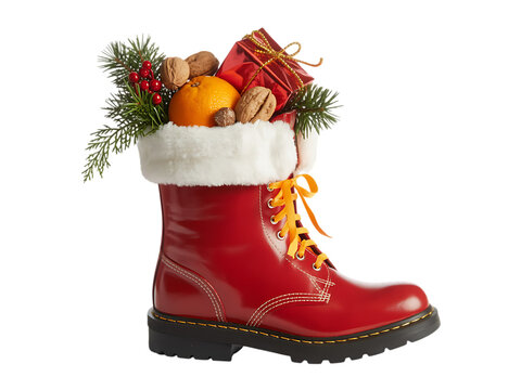 A red boot filled with Christmas gifts and festive decorations