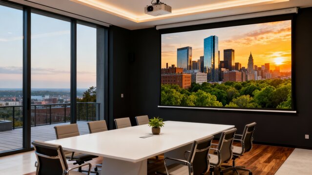 Modern conference room with city view projection screen and natural light