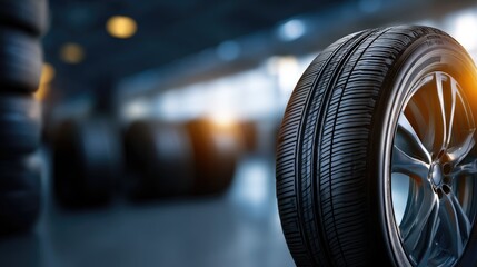 High-quality rubber tires stand prominently as they wait on display in a tidy and brightly lit storage space