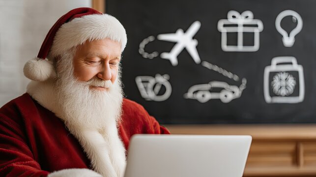 A cheerful Santa Claus is typing on his laptop, preparing for the holiday season with illustrations of gifts and activities floating around