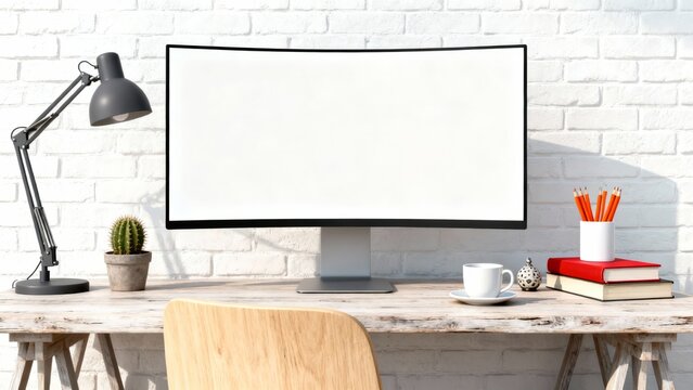 Modern workspace with blank monitor and brick wall background for mockup