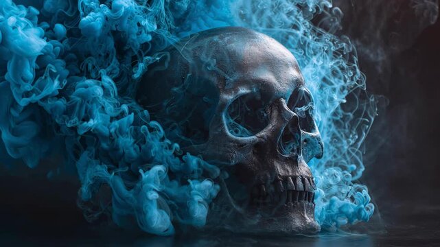 Mystic Skull: A skull engulfed in ethereal blue smoke. A symbol of mortality and the unknown, shrouded in mystery and otherworldly beauty.