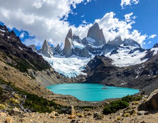 Stunning panoramic view showcasing a turquoise glacial lake with towering snow-capped mountains under a vibrant blue sky with scattered clouds