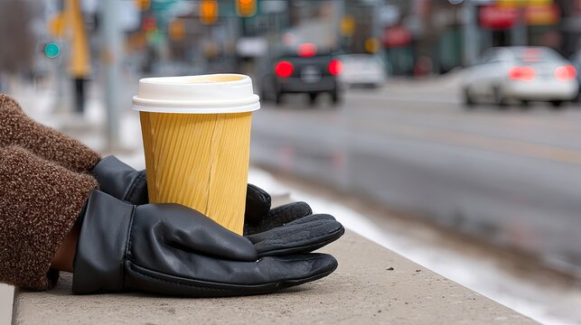 A young man dressed in a cozy coat and a bright yellow beanie smiles while sipping coffee on a chilly winter day in a snowy setting