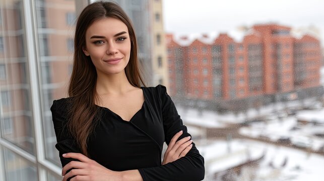 A professional woman looks thoughtfully out the window, admiring the snowy landscape outside her office on a winter day