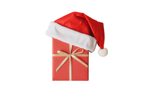A red Christmas gift box is topped with a Santa hat, ready for the holidays. - Powered by Adobe