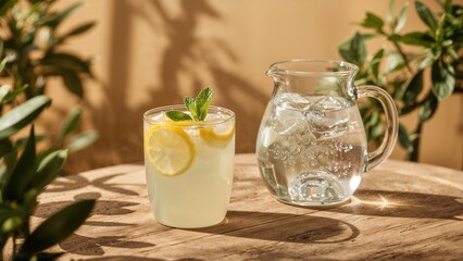 Fresh lemon water in a glass with mint leaves and a clear pitcher of water with ice on a wooden surface.
