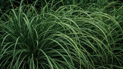 Lush green grass with long, slender blades in a natural setting. The vibrant foliage creates a dense and textured landscape.