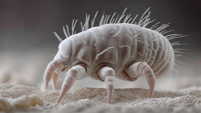 Detailed microscopic view of a dust mite, showcasing its unique features and texture. Highlighting the intricate details of these microscopic creatures.