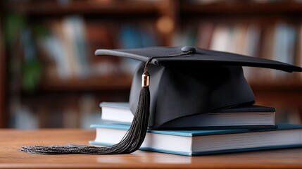 A graduation cap placed on a book sits on a wooden table in a warm library filled with shelves of books and soft lights