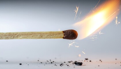 Matchstick ignites with bright flame and sparks as it burns, highlighting the moment of combustion in a simple setting