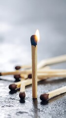 Lighted match stands among unlit matches on a wet surface, creating a striking visual in a low-light setting