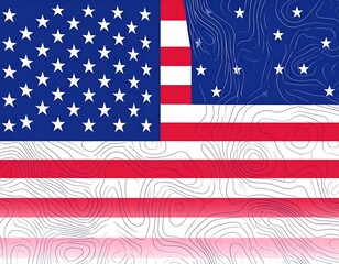 Stylized depiction of the United States flag, incorporating topographical map lines within the design. The stars are visible