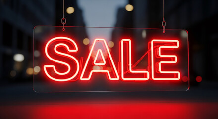 Neon sale sign glowing brightly in urban setting, attracting attention with vibrant red color, symbolizing excitement and urgency during Black Friday shopping season