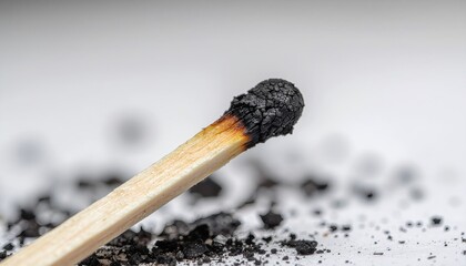 Charred matchstick resting on a surface with scattered match head remnants showing details of burning