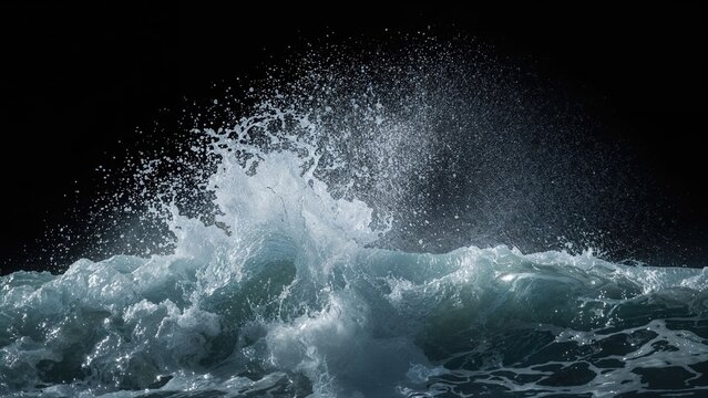 Vast ocean waves crashing with spray and foam, dynamic and powerful.