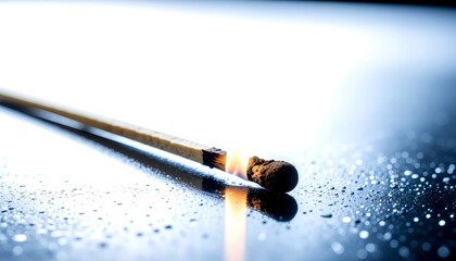 Matchstick ignites with a bright flame on a wet surface, capturing a moment of fire and light in a dark environment