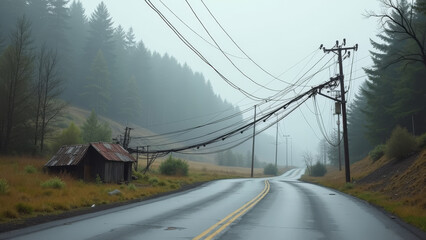 Photorealistic dangerous downed power cable on wet roadway with tilted utility pole and natural dramatic post storm atmosphere