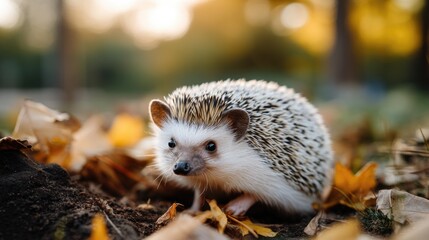 A hedgehog rests among vibrant fall leaves, enjoying the warm glow of late afternoon light in a natural setting