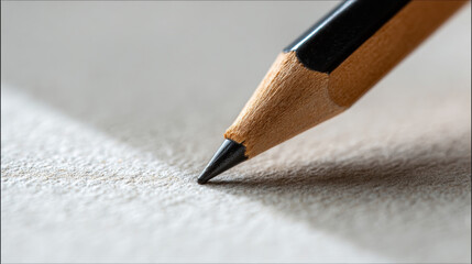 Close-up of sharpened pencil tip touching textured paper surface with shallow depth of field and soft natural lighting