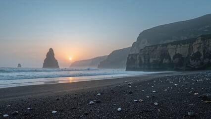 A coastal scene at sunset with cliffs and rock formations along the shoreline. Beach and ocean view during dusk. The peaceful and scenic seaside landscape.