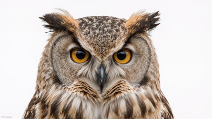 Obraz premium Close-up of an owl's face showing detailed feathers and striking yellow eyes against a plain white background.