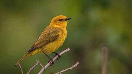 Fototapeta premium Yellow bird perched on branch. Bright yellow plumage, alert posture, natural background. Bird photography, wildlife, nature scene.