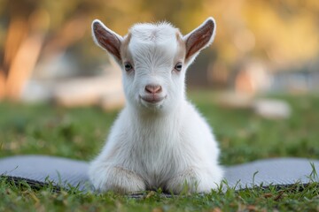 Obraz premium Playful Goat Yoga Session in a Lush Park: Embracing Nature and Farm Animals