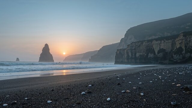 A coastal scene at sunset with cliffs and rock formations along the shoreline. Beach and ocean view during dusk. The peaceful and scenic seaside landscape.