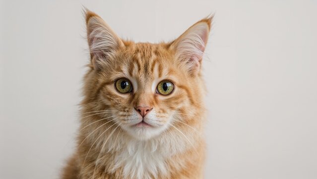 Close-up of a fluffy orange tabby cat with green eyes against a neutral background.