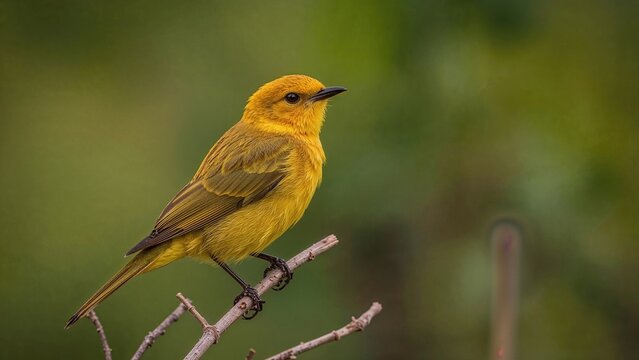 Yellow bird perched on branch. Bright yellow plumage, alert posture, natural background. Bird photography, wildlife, nature scene. - Powered by Adobe
