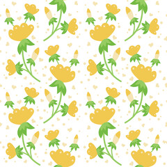 Flower art floral pattern design with hearts for fabric, cotton, wallpaper, satin, gift wrap, carpet, background. Seamless pattern on a white background.