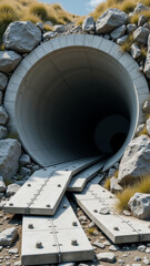 Dramatic photorealistic half collapsed tunnel entrance with fallen concrete slabs and rocks in harsh daylight