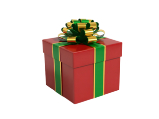 A red gift box with a green and gold bow sits isolated on a white background.
