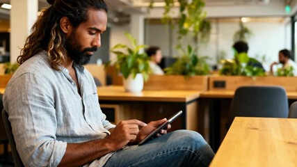 Professional man with long hair and beard using a digital tablet in a modern office. Entrepreneur working on a touchscreen device in a coworking space. Business technology concept - Powered by Adobe