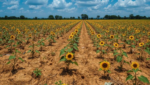 Sunflower field with rows of blooming sunflowers under a blue sky with clouds. Agriculture and nature, concept. Farming and environmental themes. The concept of crop cultivation and sustainability
